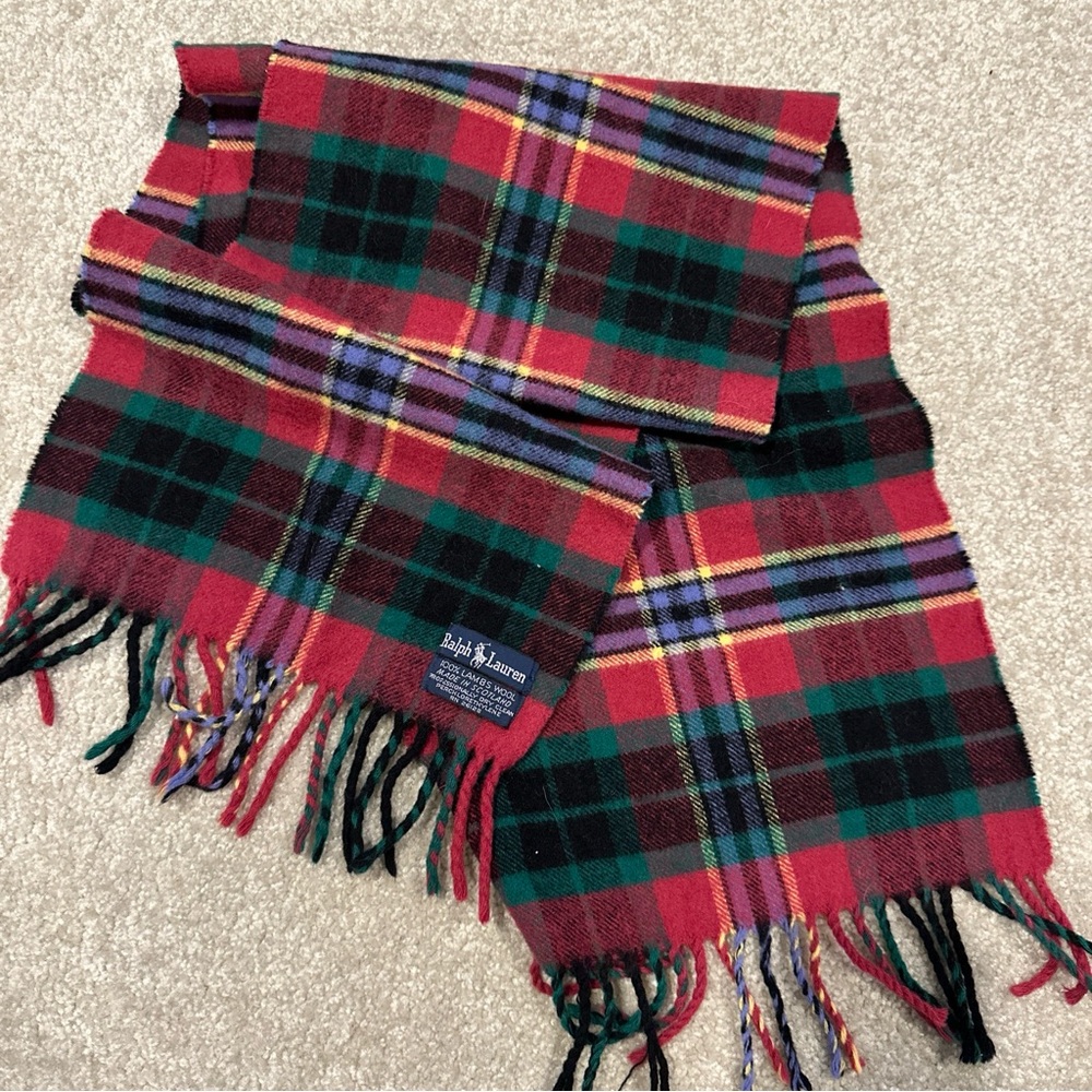 RALPH LAUREN Double Face Lambswool Scarf, Scotland, Multicolor Fringe 11”x48”